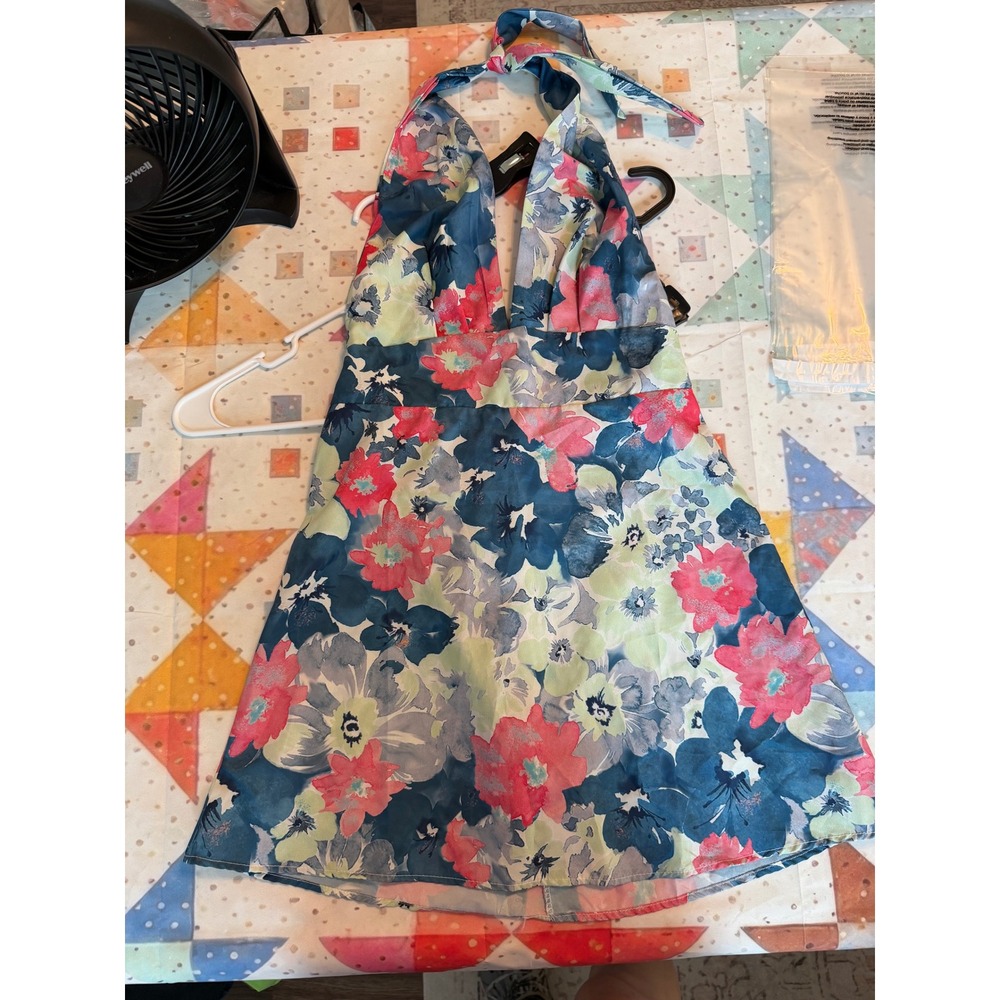 Floral Halter Mini Dress Blue Pink Green Deep V-Neck Sleeveless Summer Size M